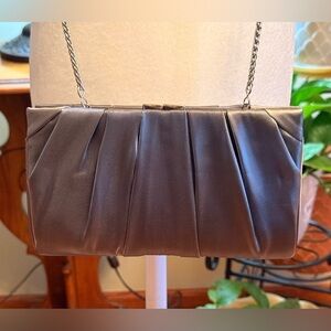 Nina Pewter Satin Clutch Evening Bag With Silver Chain Red Lining